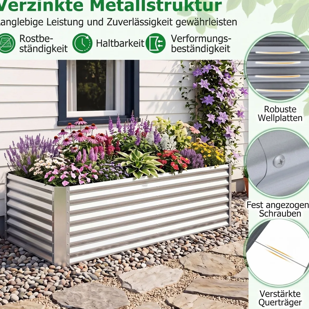 Hochbeet Metall Rechteckiger Pflanzkasten aus Verzinktem Blech mit Offenem Boden 181,5 x 94 x 60,5 cm