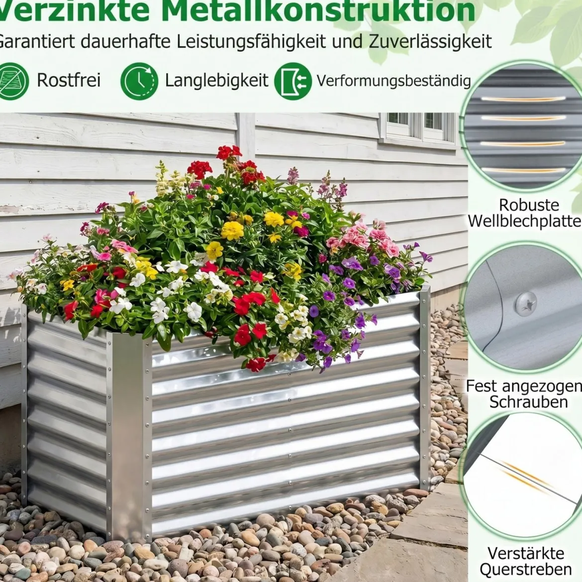 Hochbeet Metall Rechteckiger Pflanzkasten aus Verzinktem Blech mit Offenem Boden 119,5 x 61,5 x 60,5 cm