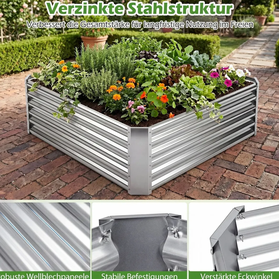 Hochbeet Metall Rechteckiger Pflanzkasten aus Verzinktem Blech mit Offenem Boden 124 x 124 x 44,5 cm