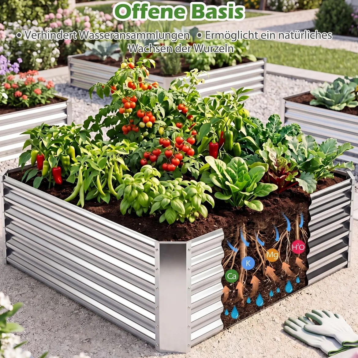 Hochbeet Metall Rechteckiger Pflanzkasten aus Verzinktem Blech mit Offenem Boden 124 x 124 x 44,5 cm