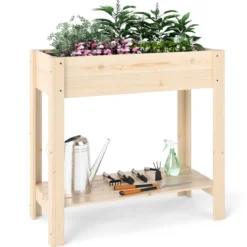 Hochbeet mit Ablage Erhöhtes Gartenbeet aus Holz Pflanzkasten mit Entwässerung 81 x 37 x 77 cm Natur
