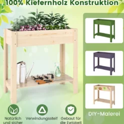 Hochbeet mit Ablage Erhöhtes Gartenbeet aus Holz Pflanzkasten mit Entwässerung 81 x 37 x 77 cm Natur