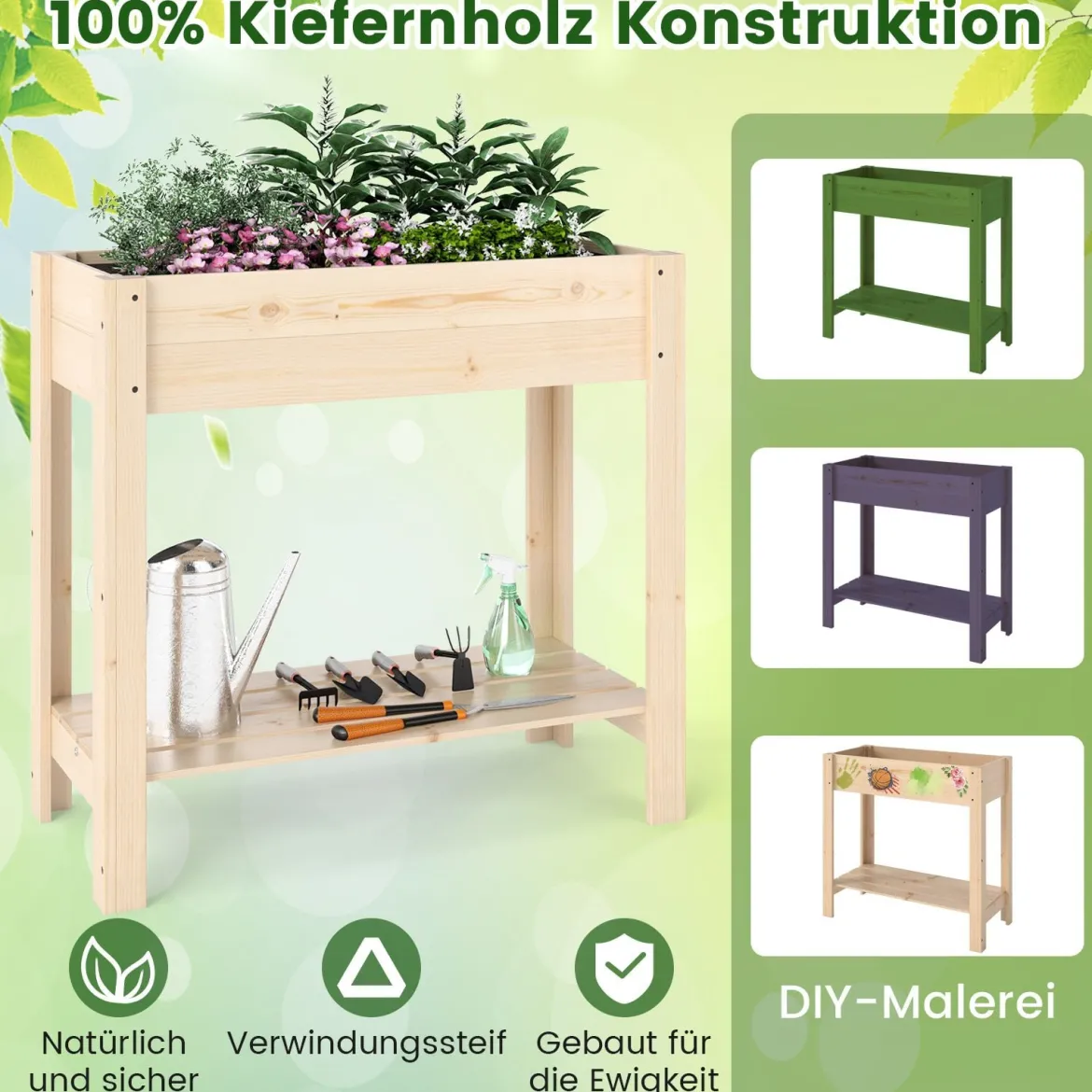 Hochbeet mit Ablage Erhöhtes Gartenbeet aus Holz Pflanzkasten mit Entwässerung 81 x 37 x 77 cm Natur