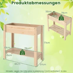 Hochbeet mit Ablage Erhöhtes Gartenbeet aus Holz Pflanzkasten mit Entwässerung 81 x 37 x 77 cm Natur
