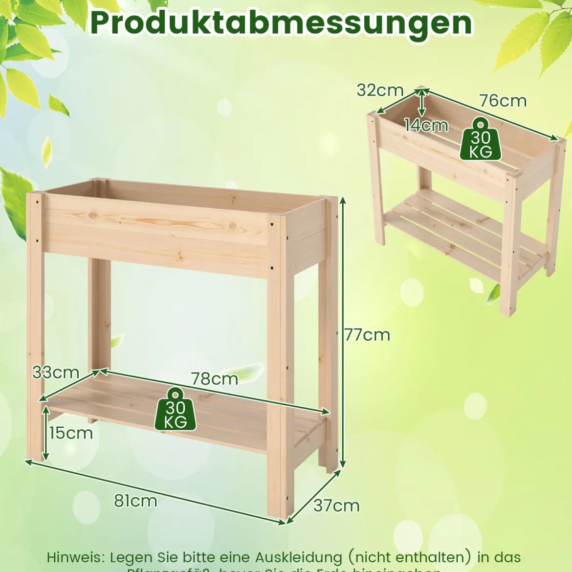 Hochbeet mit Ablage Erhöhtes Gartenbeet aus Holz Pflanzkasten mit Entwässerung 81 x 37 x 77 cm Natur