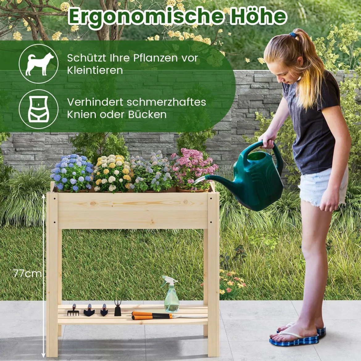 Hochbeet mit Ablage Erhöhtes Gartenbeet aus Holz Pflanzkasten mit Entwässerung 81 x 37 x 77 cm Natur