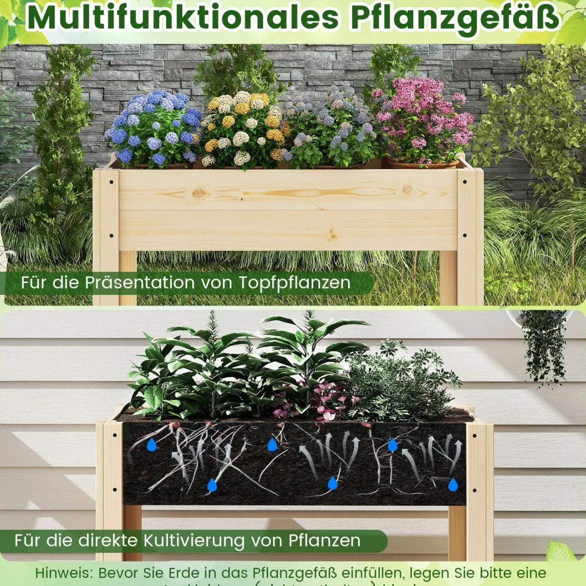 Hochbeet mit Ablage Erhöhtes Gartenbeet aus Holz Pflanzkasten mit Entwässerung 81 x 37 x 77 cm Natur