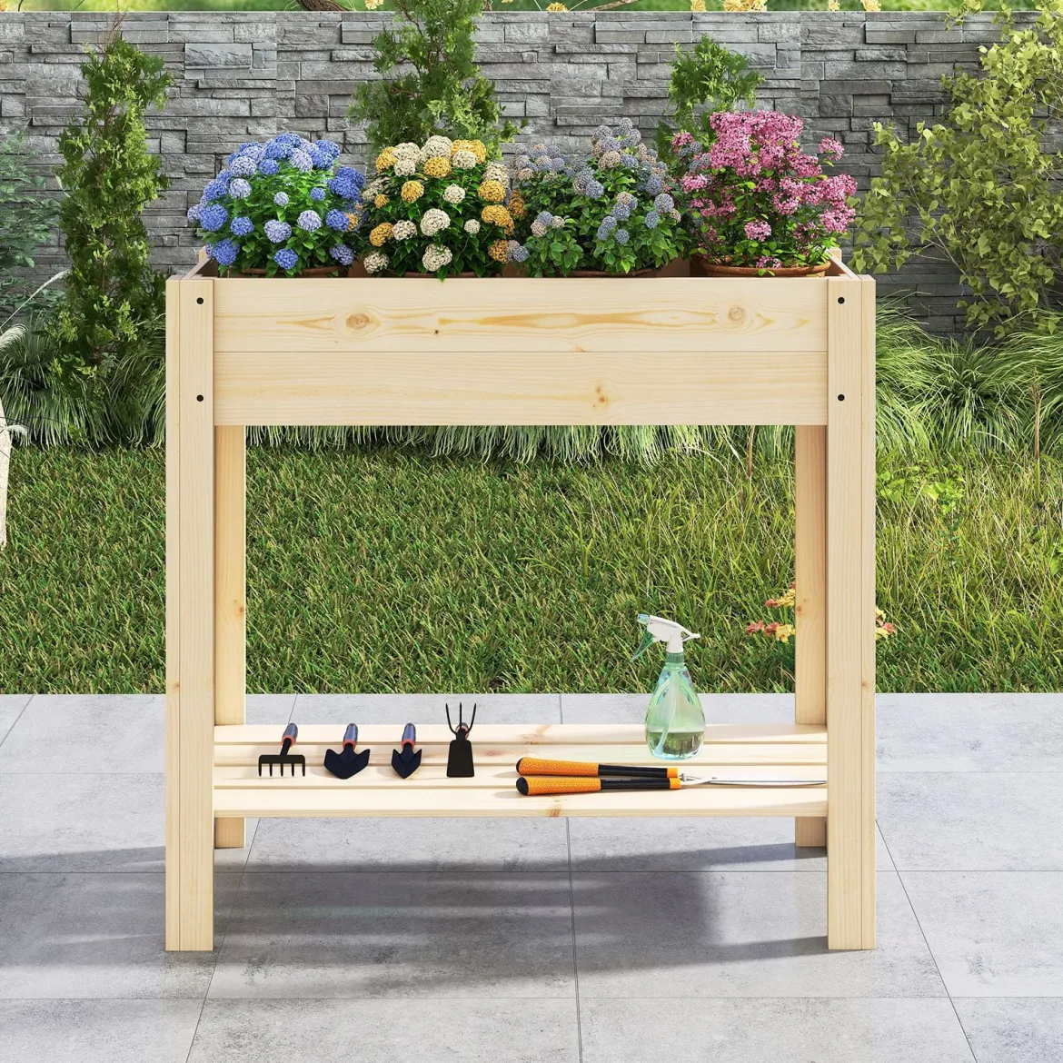 Hochbeet mit Ablage Erhöhtes Gartenbeet aus Holz Pflanzkasten mit Entwässerung 81 x 37 x 77 cm Natur