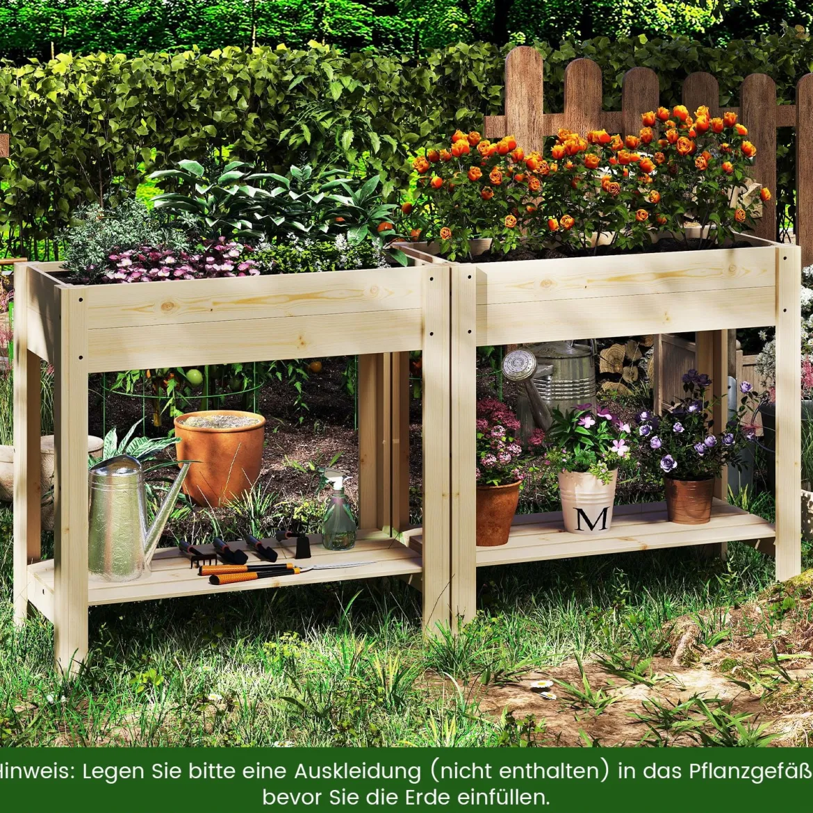 Hochbeet mit Ablage Erhöhtes Gartenbeet aus Holz Pflanzkasten mit Entwässerung 81 x 37 x 77 cm Natur