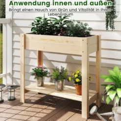 Hochbeet mit Ablage Erhöhtes Gartenbeet aus Holz Pflanzkasten mit Entwässerung 81 x 37 x 77 cm Natur