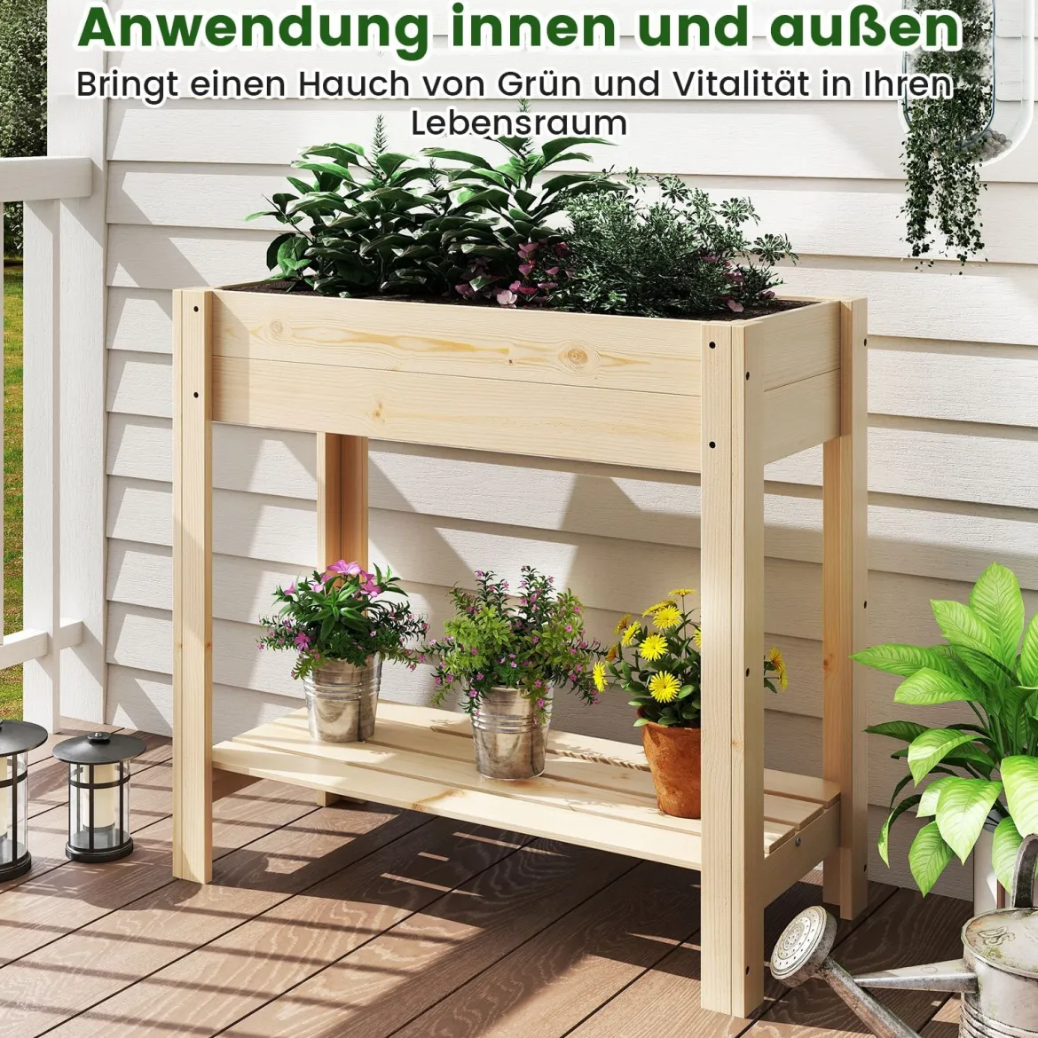 Hochbeet mit Ablage Erhöhtes Gartenbeet aus Holz Pflanzkasten mit Entwässerung 81 x 37 x 77 cm Natur