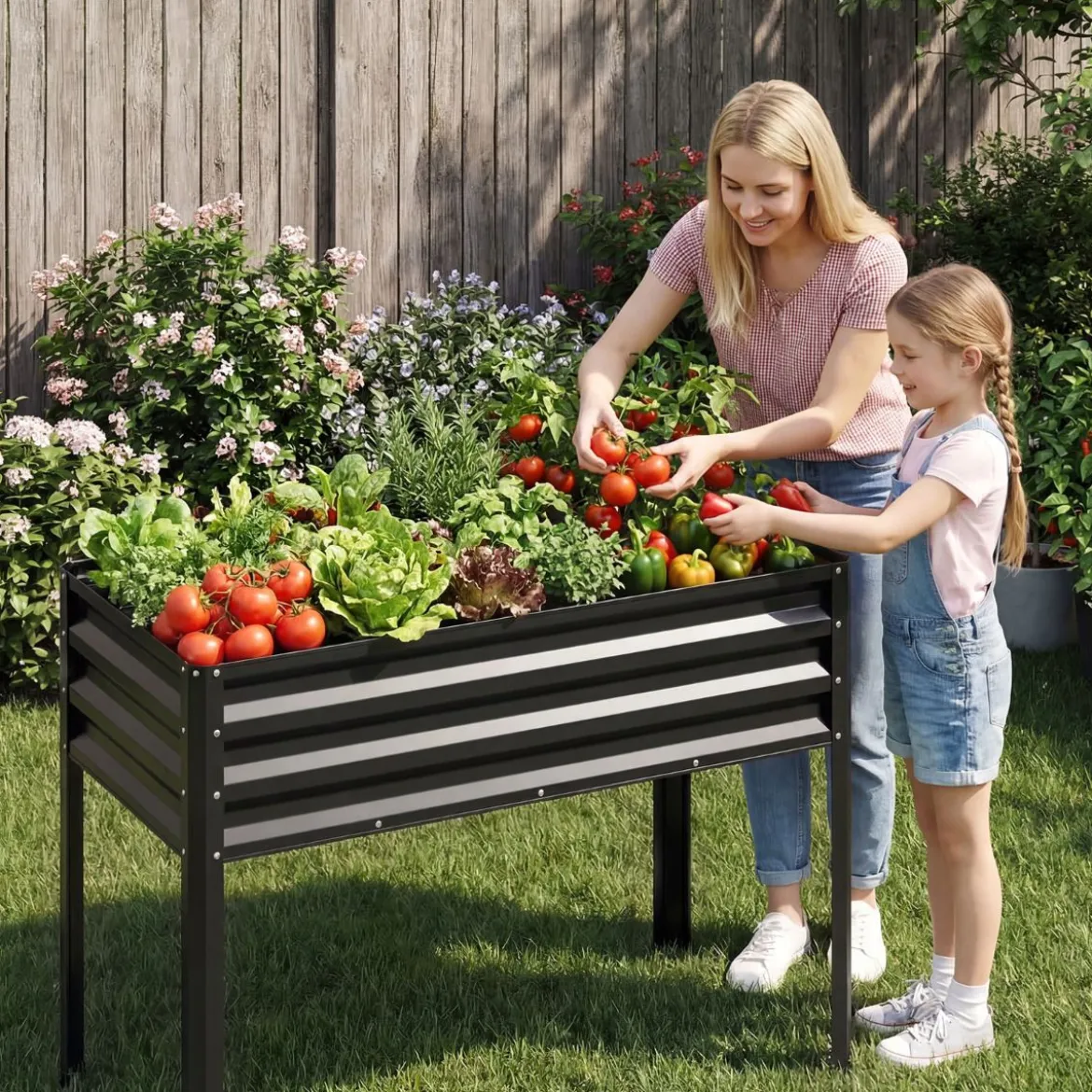 Hochbeet mit Beinen aus Metall Erhöhtes Gartenbeet Stabiler Pflanzkasten für Balkon Terrasse & Garten Schwarz/Grau/Silber