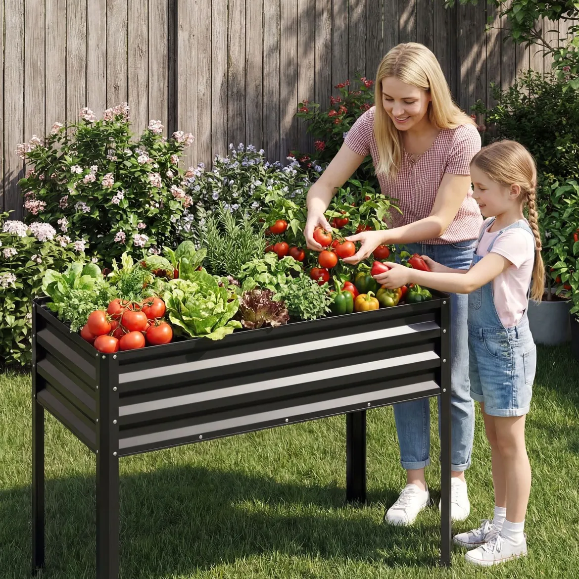 Hochbeet mit Beinen aus Metall Erhöhtes Gartenbeet Stabiler Pflanzkasten für Balkon Terrasse & Garten Schwarz/Grau/Silber