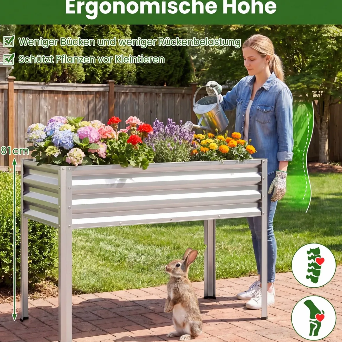 Hochbeet mit Beinen aus Metall Erhöhtes Gartenbeet Stabiler Pflanzkasten für Balkon Terrasse & Garten Schwarz/Grau/Silber