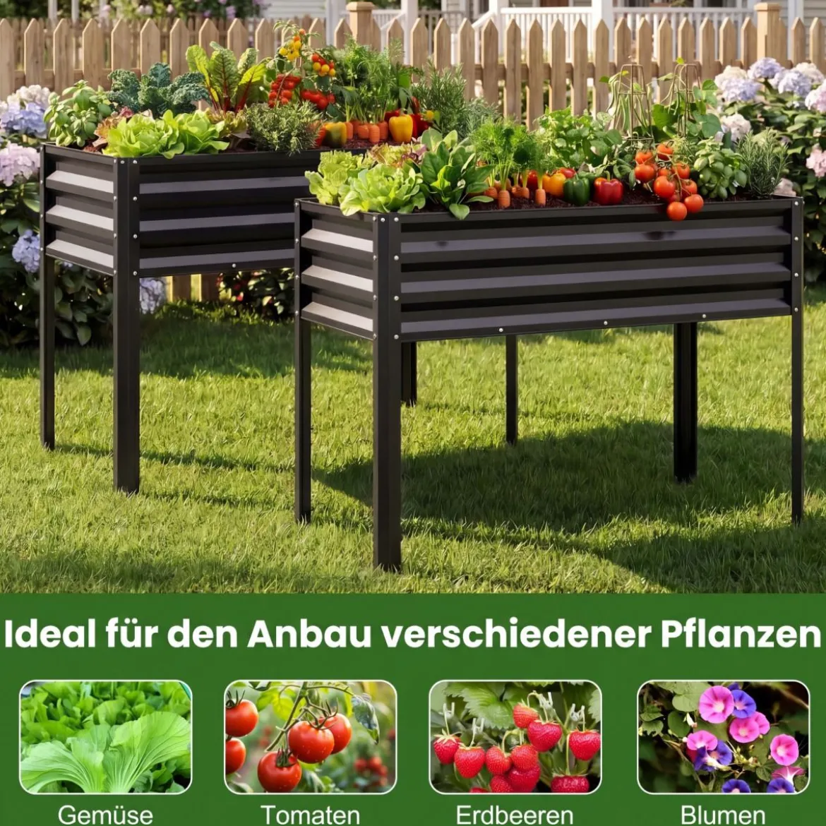Hochbeet mit Beinen aus Metall Erhöhtes Gartenbeet Stabiler Pflanzkasten für Balkon Terrasse & Garten Schwarz/Grau/Silber