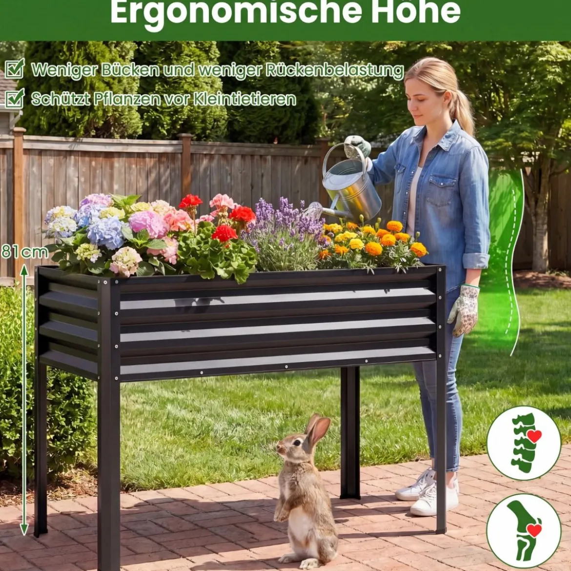 Hochbeet mit Beinen aus Metall Erhöhtes Gartenbeet Stabiler Pflanzkasten für Balkon Terrasse & Garten Schwarz/Grau/Silber