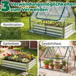 Hochbeet mit Gewächshaus Pflanzkasten aus Verzinktem Metall mit 2 Aufrollbaren Fenstern 127x97x93cm