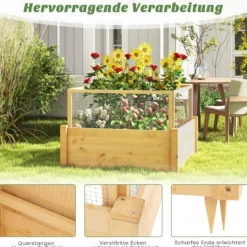 Hochbeet mit Gitterzaun Pflanzkasten aus Holz mit 4-seitigem Schutzzaun & Pflanzgitter Schutz vor Tierschäden 107 x 107 x 70 cm