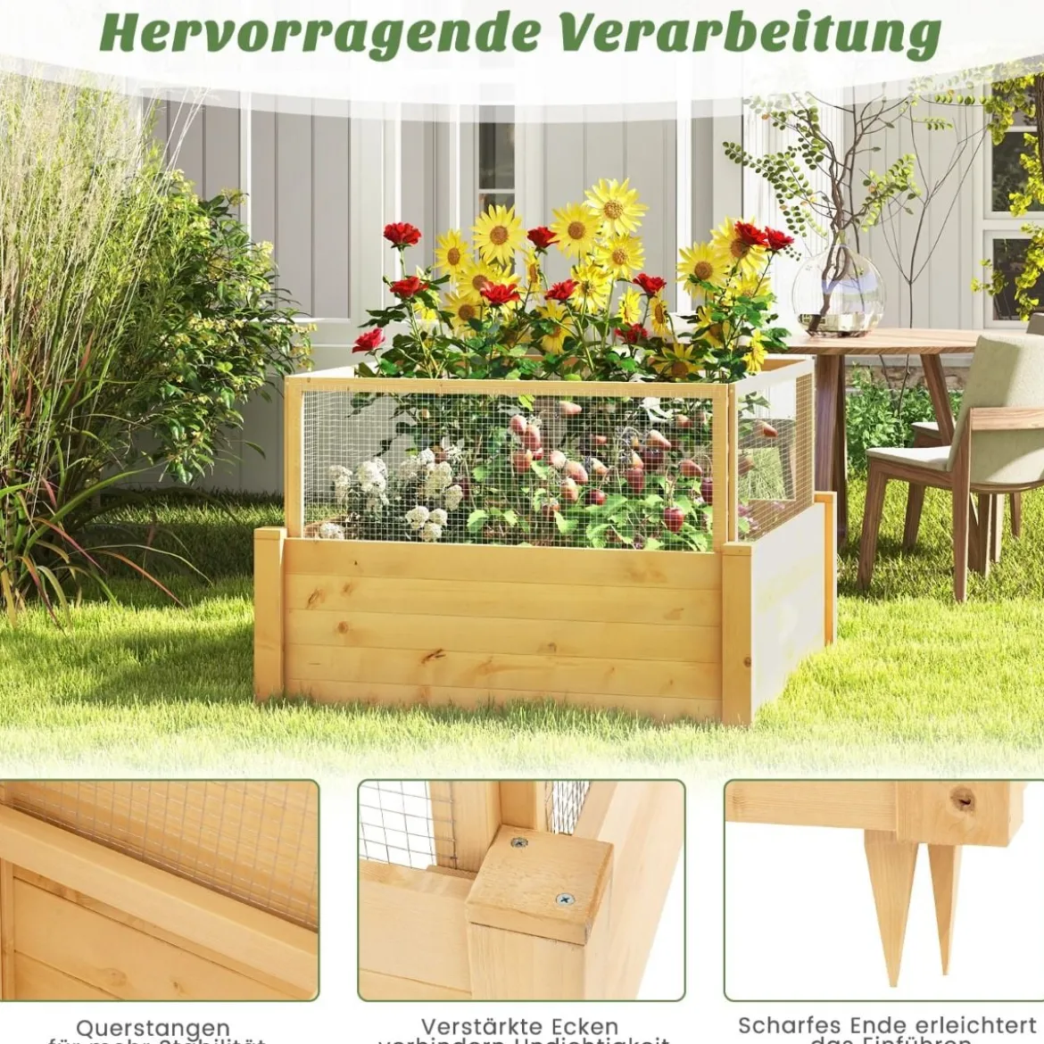 Hochbeet mit Gitterzaun Pflanzkasten aus Holz mit 4-seitigem Schutzzaun & Pflanzgitter Schutz vor Tierschäden 107 x 107 x 70 cm