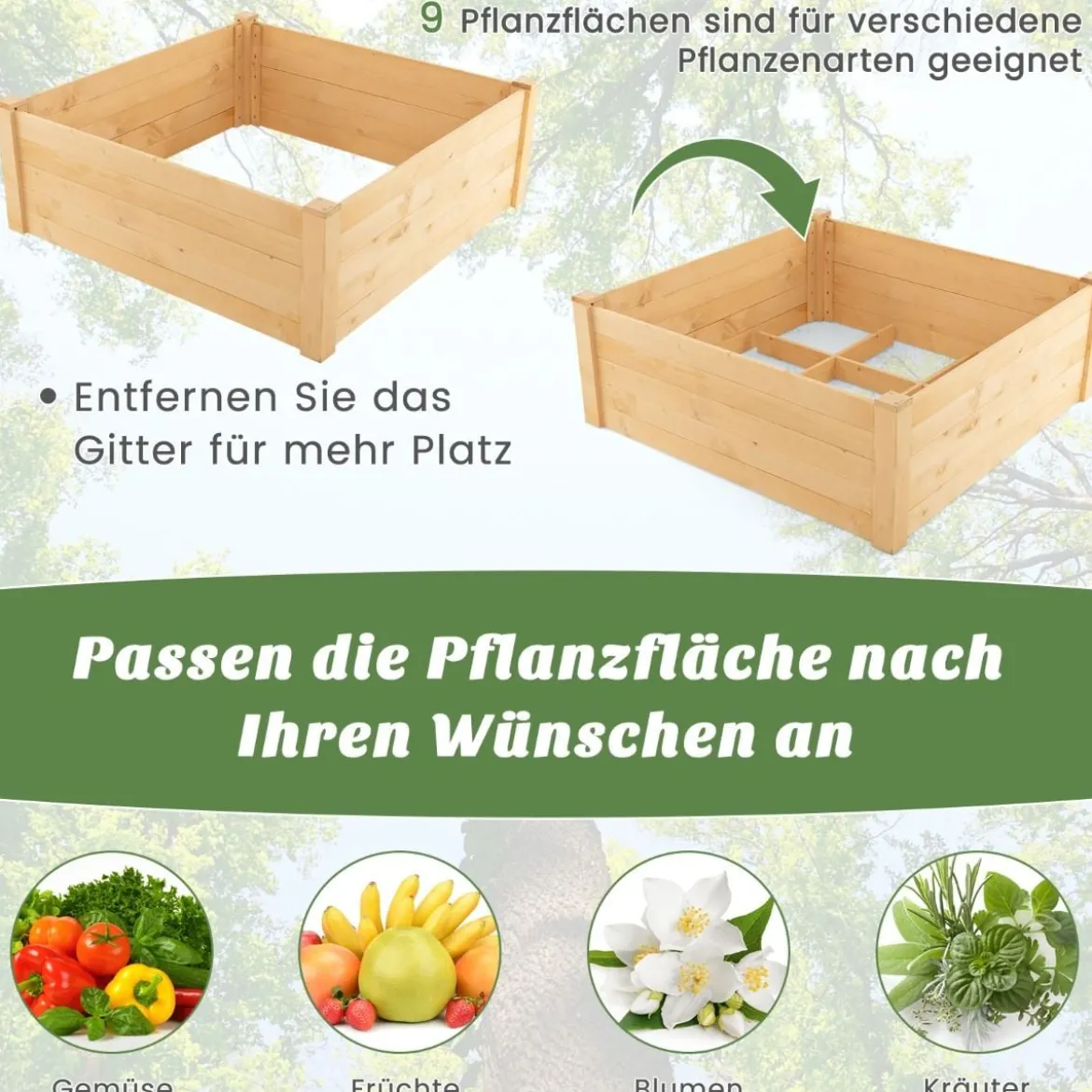 Hochbeet mit Gitterzaun Pflanzkasten aus Holz mit 4-seitigem Schutzzaun & Pflanzgitter Schutz vor Tierschäden 107 x 107 x 70 cm