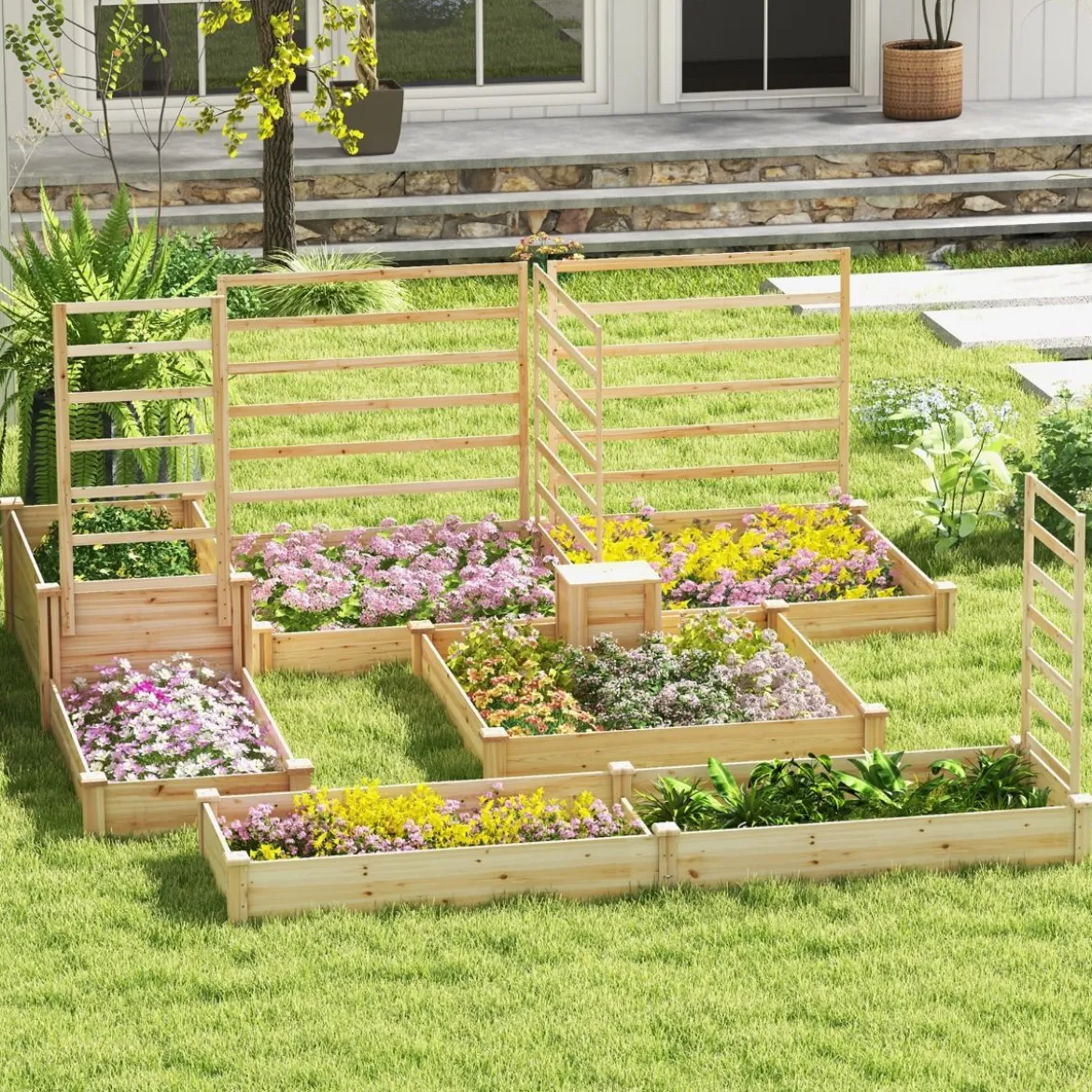 Hochbeet mit Kompostbehälter Holz Gartenbeet 300 L kapazität Pflanzkasten 124 x 124 x 25,5 cm