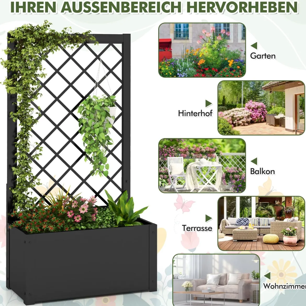 Hochbeet mit Rankgitter 112 cm Metall-Pflanzkasten für Kletterpflanzen Gemüse Rankpflanzen Blumen