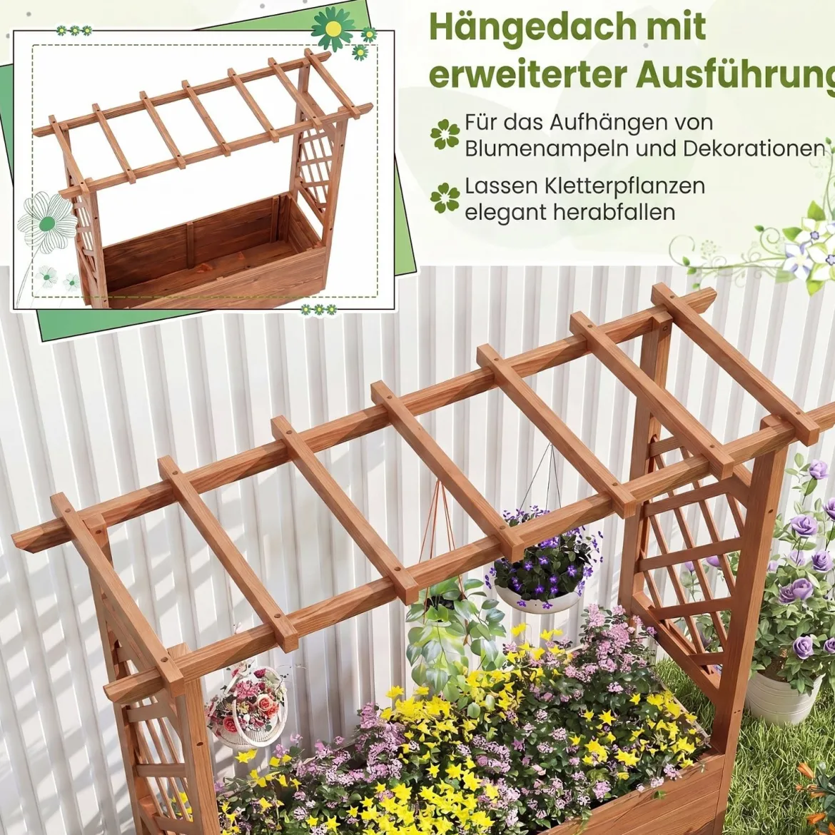 Hochbeet mit Rankgitter &Hhängendem Dach Pflanzkasten mit Rankhilfe & Abflusslöchern Orange 115 x 40 x 103 cm