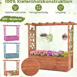 Hochbeet mit Rankgitter &Hhängendem Dach Pflanzkasten mit Rankhilfe & Abflusslöchern Orange 115 x 40 x 103 cm