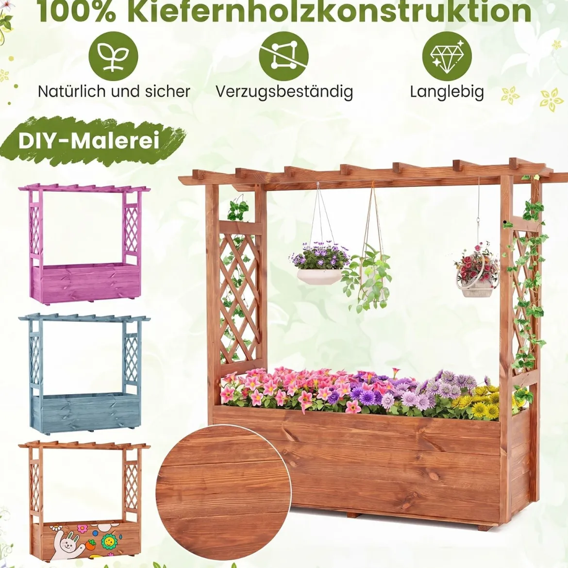 Hochbeet mit Rankgitter &Hhängendem Dach Pflanzkasten mit Rankhilfe & Abflusslöchern Orange 115 x 40 x 103 cm