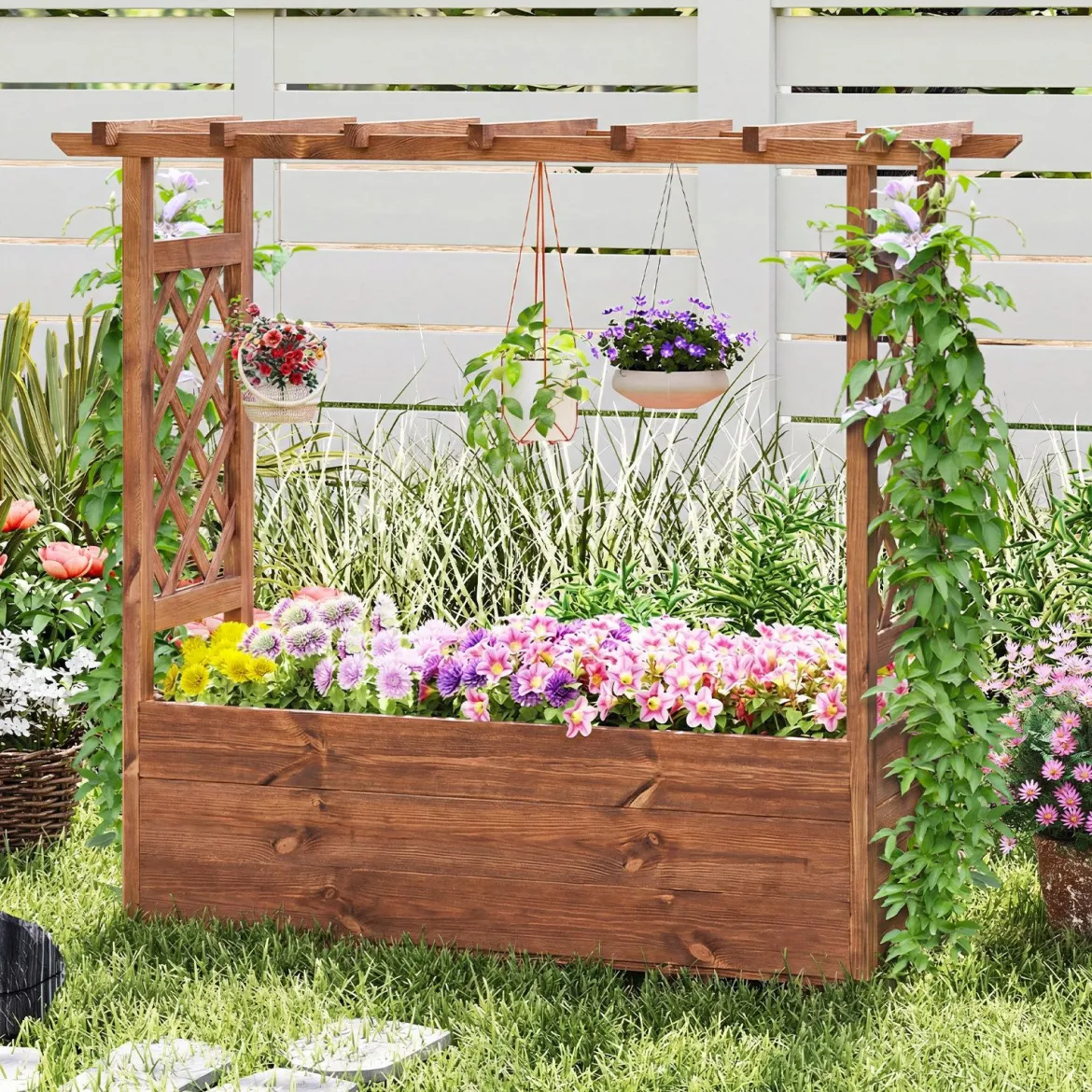 Hochbeet mit Rankgitter &Hhängendem Dach Pflanzkasten mit Rankhilfe & Abflusslöchern Orange 115 x 40 x 103 cm