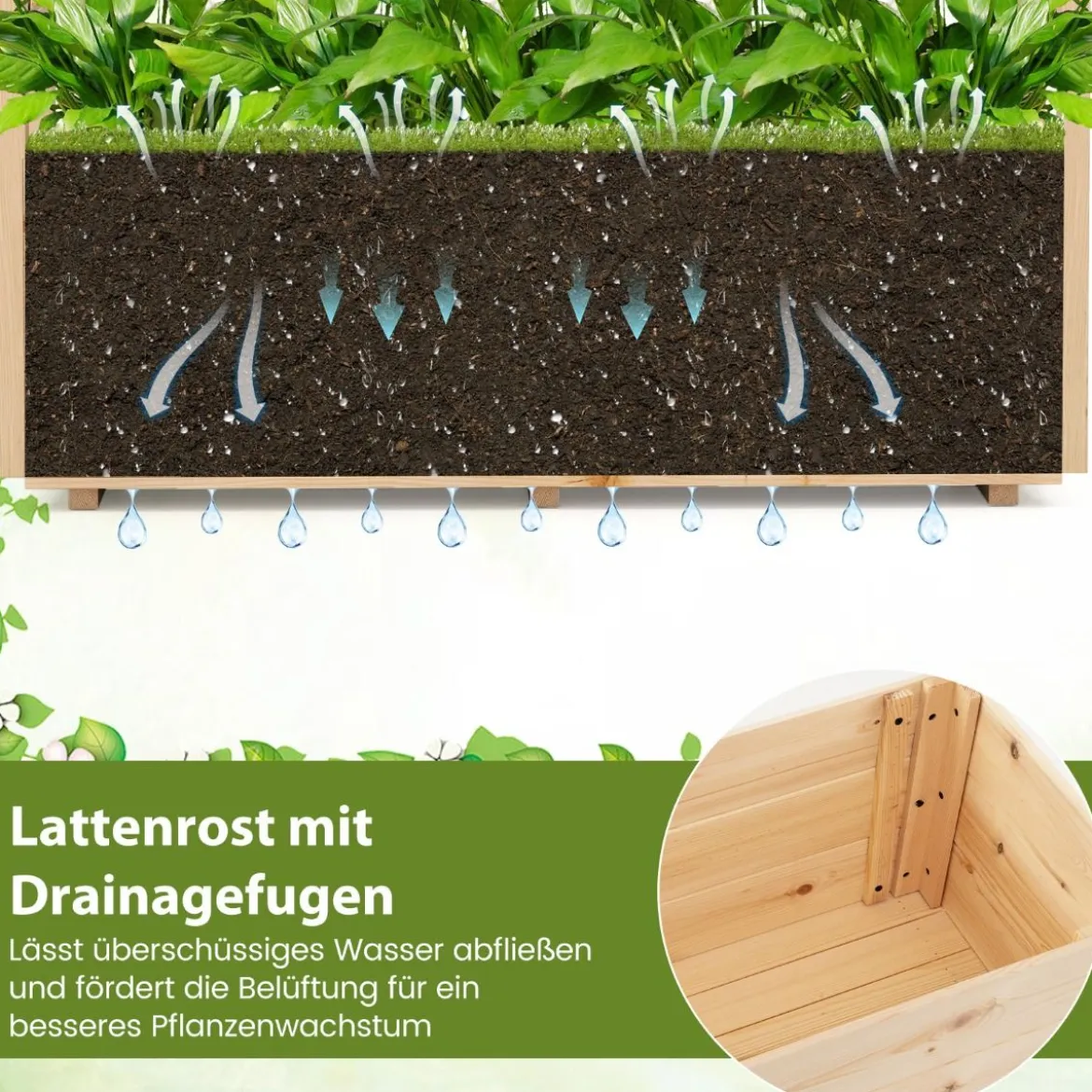 Hochbeet mit Rankgitter & hängendem Dach Pflanzkasten mit Rankhilfe & Abflusslöchern Natur 115 x 40 x 103 cm