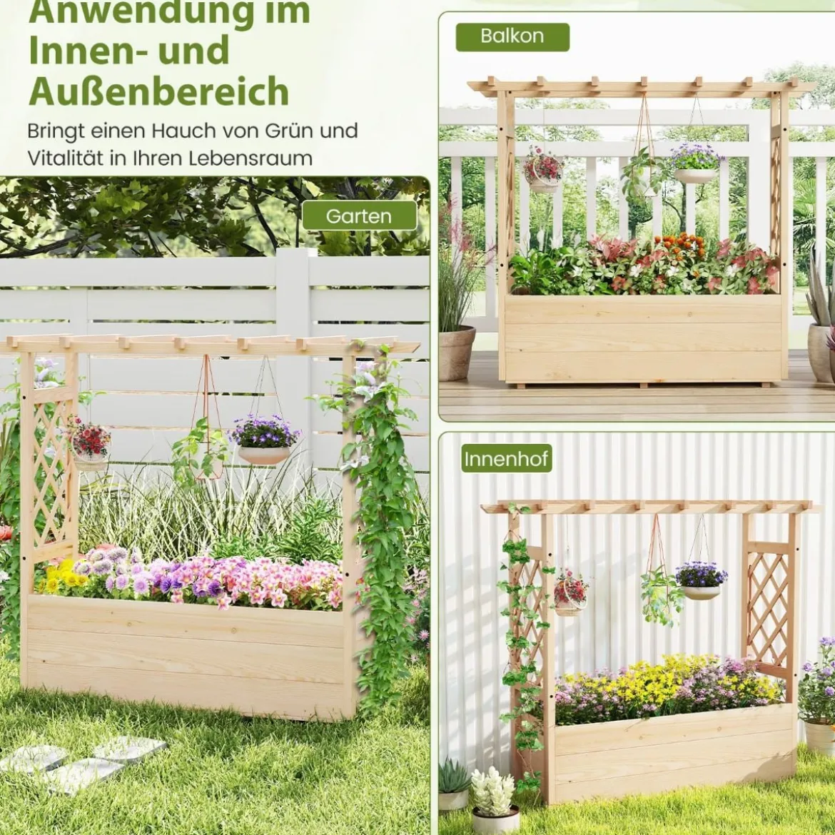Hochbeet mit Rankgitter & hängendem Dach Pflanzkasten mit Rankhilfe & Abflusslöchern Natur 115 x 40 x 103 cm