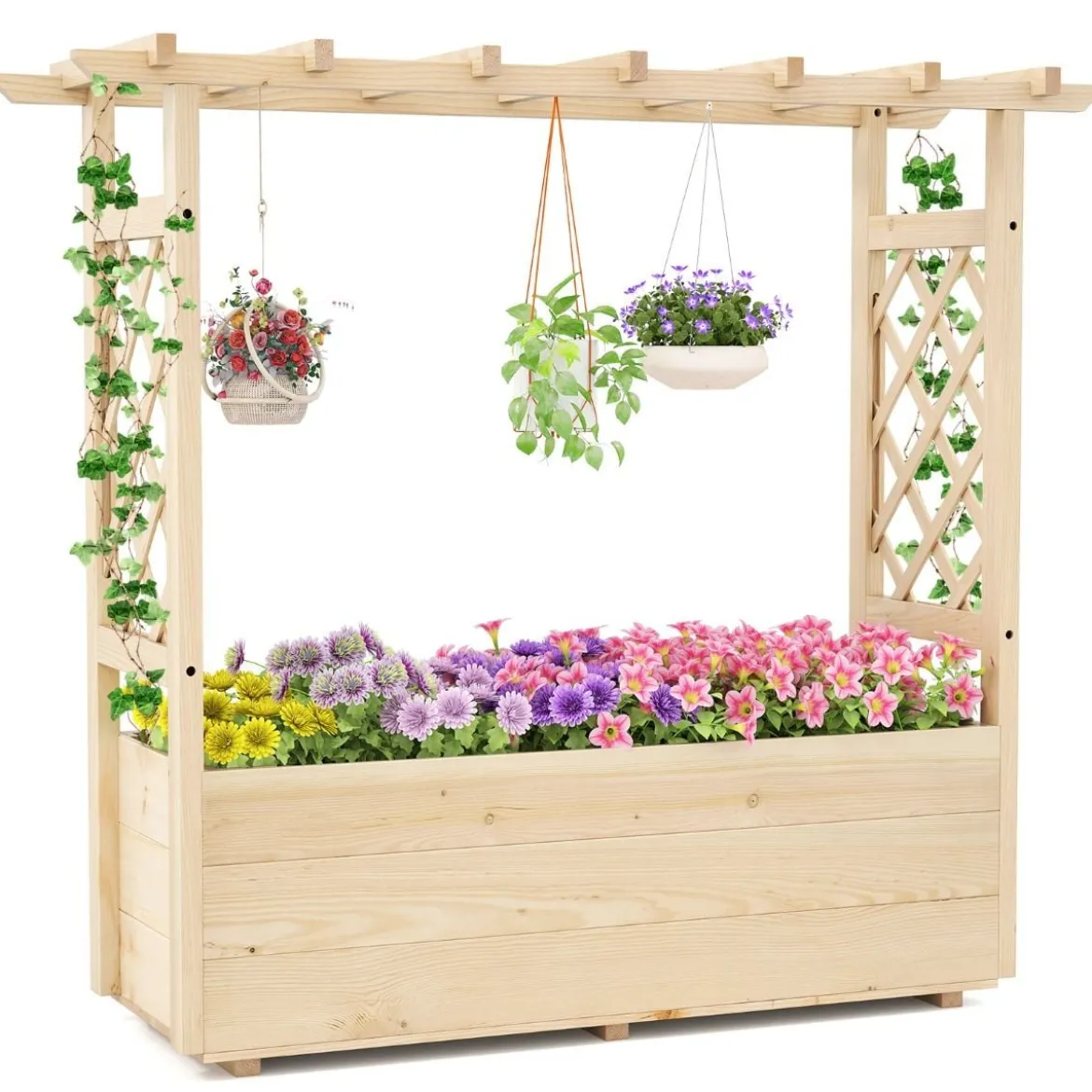 Hochbeet mit Rankgitter & hängendem Dach Pflanzkasten mit Rankhilfe & Abflusslöchern Natur 115 x 40 x 103 cm