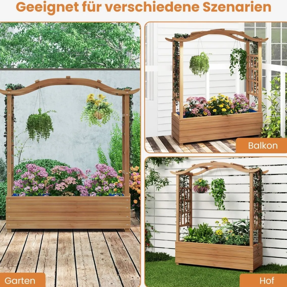 Hochbeet mit Rankgitter & Hängendem Dach Blumenkasten Pflanzkasten für Kletterpflanzen Braun