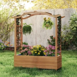 Hochbeet mit Rankgitter & Hängendem Dach Blumenkasten Pflanzkasten für Kletterpflanzen Braun