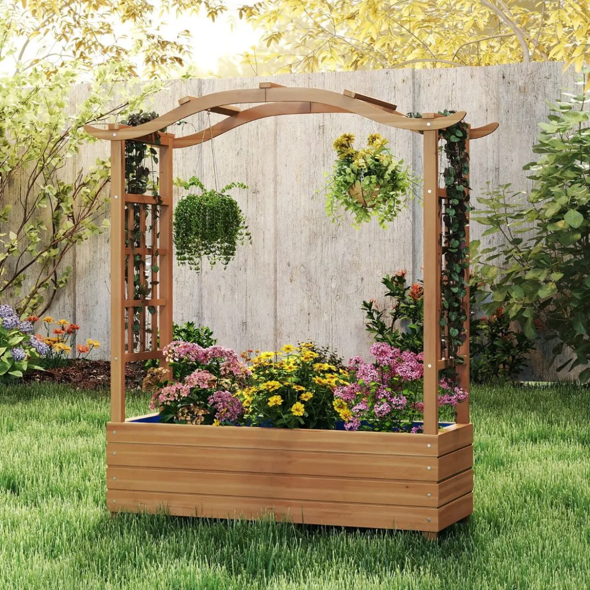 Hochbeet mit Rankgitter & Hängendem Dach Blumenkasten Pflanzkasten für Kletterpflanzen Braun