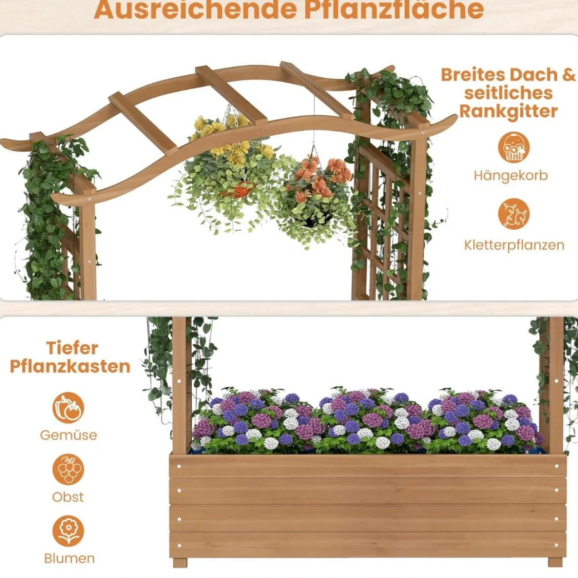 Hochbeet mit Rankgitter & Hängendem Dach Blumenkasten Pflanzkasten für Kletterpflanzen Braun