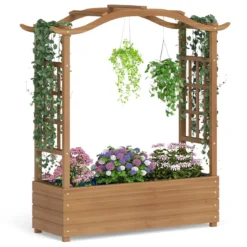 Hochbeet mit Rankgitter & Hängendem Dach Blumenkasten Pflanzkasten für Kletterpflanzen Braun