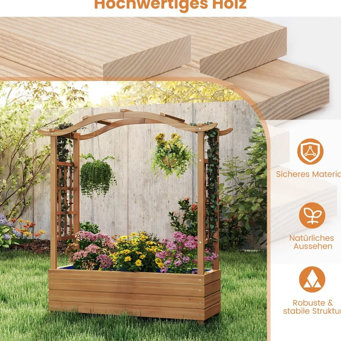 Hochbeet mit Rankgitter & Hängendem Dach Blumenkasten Pflanzkasten für Kletterpflanzen Braun