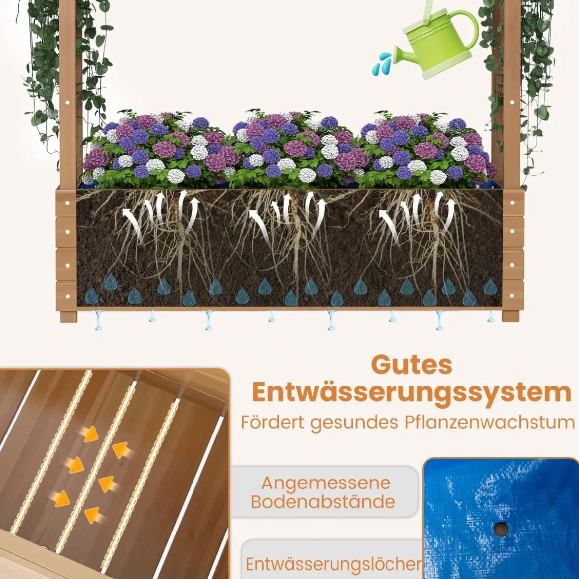 Hochbeet mit Rankgitter & Hängendem Dach Blumenkasten Pflanzkasten für Kletterpflanzen Braun