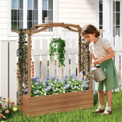Hochbeet mit Rankgitter & Hängendem Dach Blumenkasten Pflanzkasten für Kletterpflanzen Braun