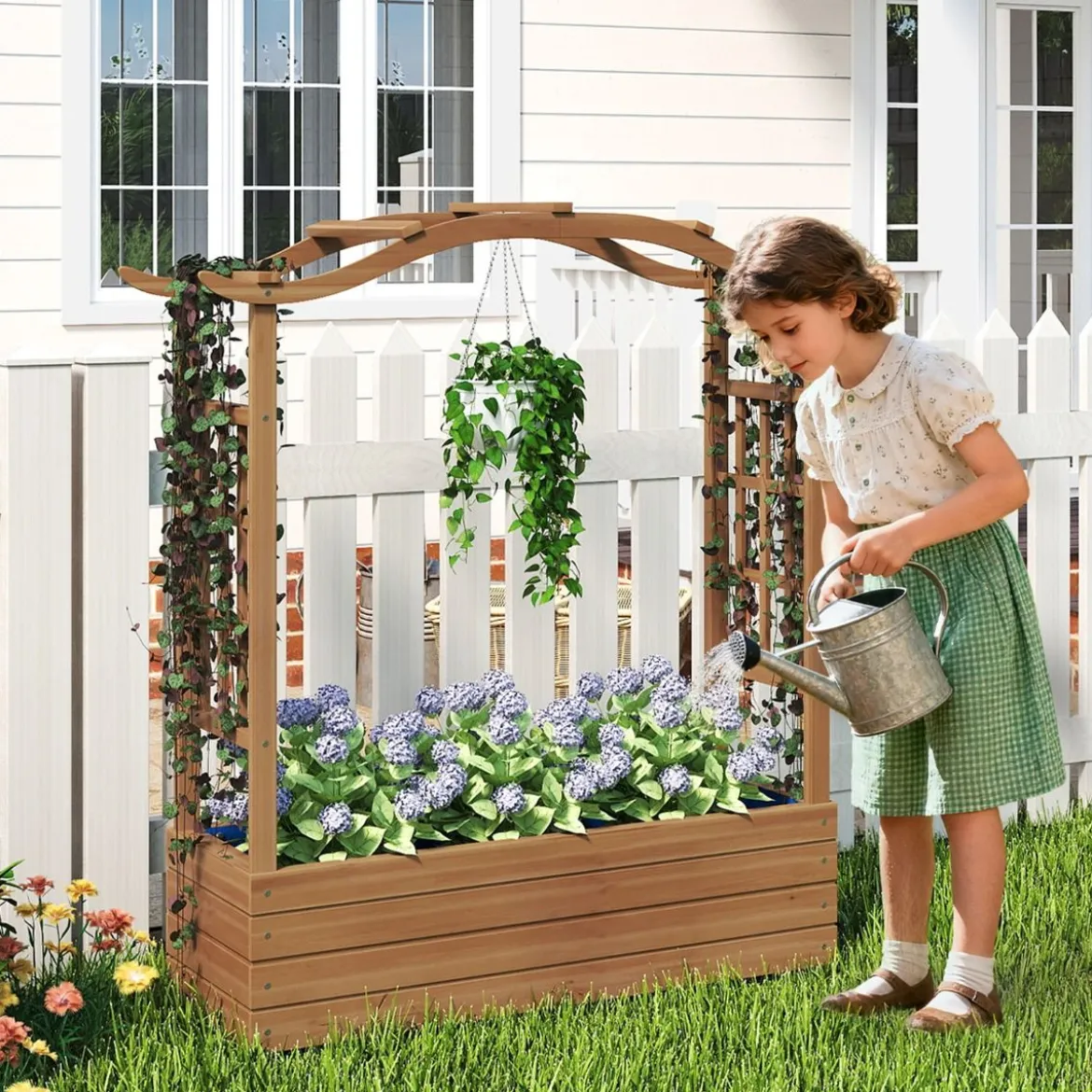Hochbeet mit Rankgitter & Hängendem Dach Blumenkasten Pflanzkasten für Kletterpflanzen Braun