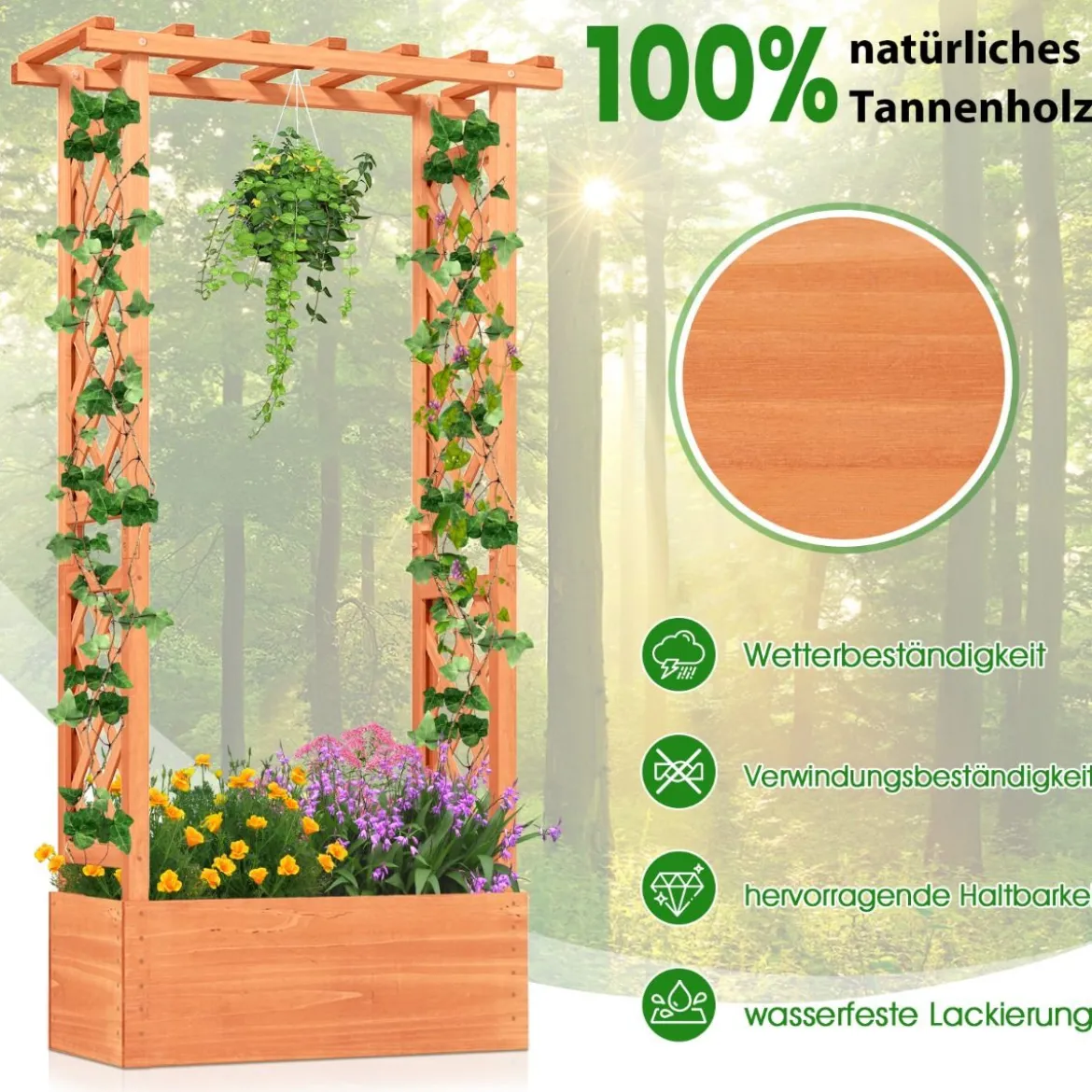 Hochbeet mit Rankgitter & Hängendem Dach Pflanzkasten Blumenkasten für Kletterpflanzen