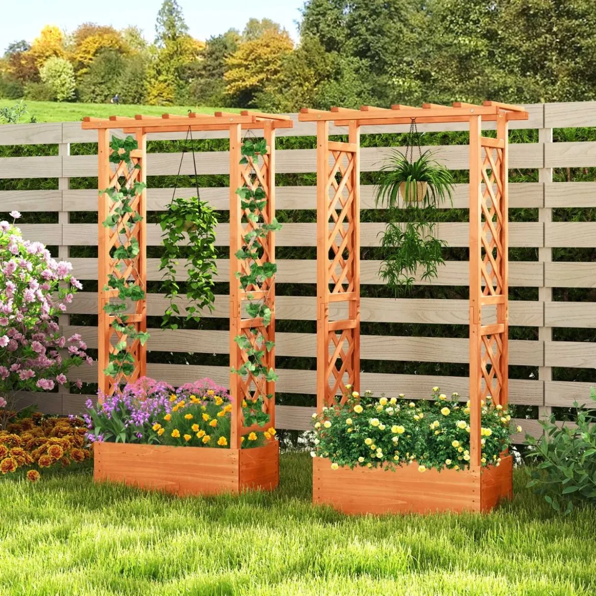 Hochbeet mit Rankgitter & Hängendem Dach Pflanzkasten Blumenkasten für Kletterpflanzen