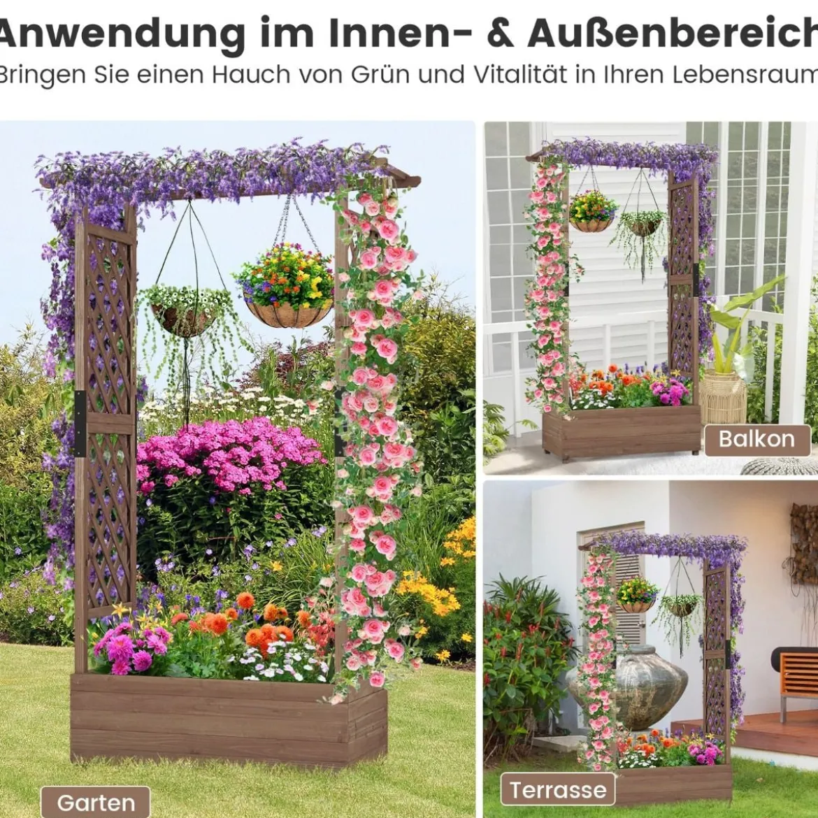 Hochbeet mit Rankgitter & hängendem Dach, Pflanzkasten mit Rankhilfe 110 x 44 x 182 cm