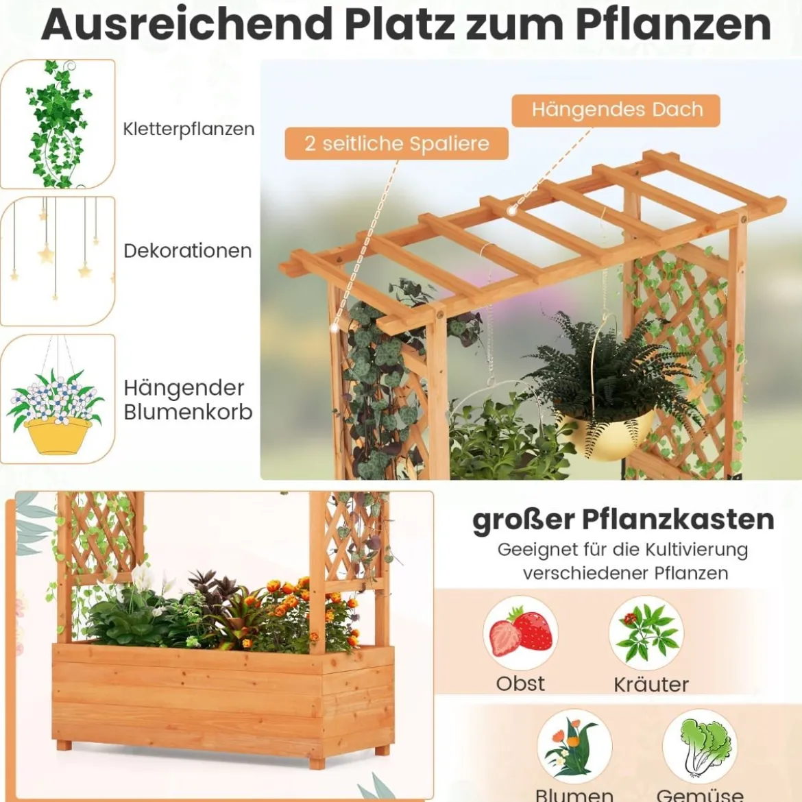 Hochbeet mit Rankgitter & hängendem Dach, Pflanzkasten mit Rankhilfe 110 x 44 x 182 cm