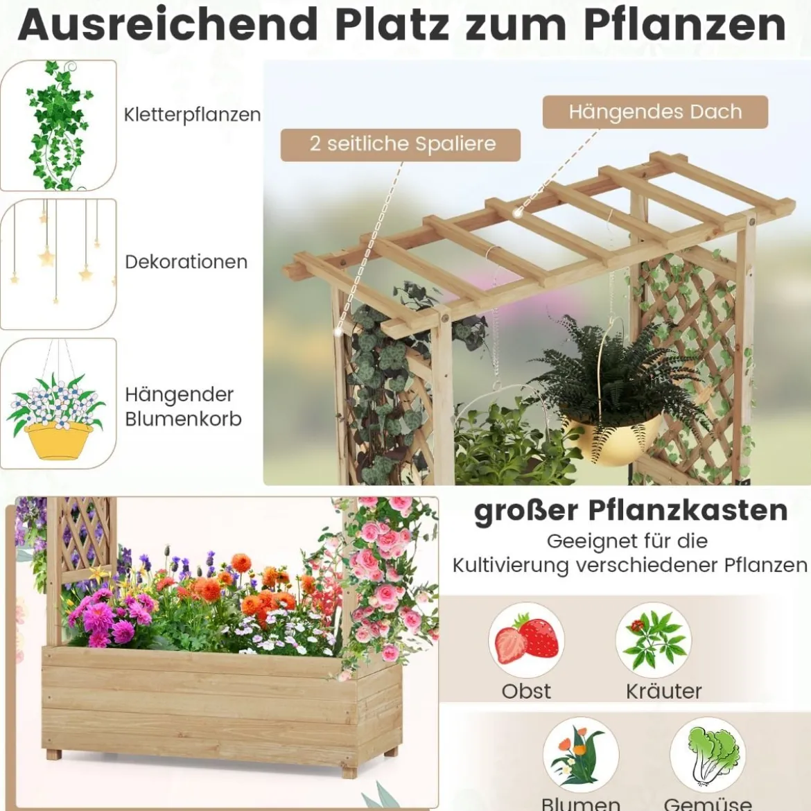 Hochbeet mit Rankgitter & hängendem Dach, Pflanzkasten mit Rankhilfe 110 x 44 x 182 cm