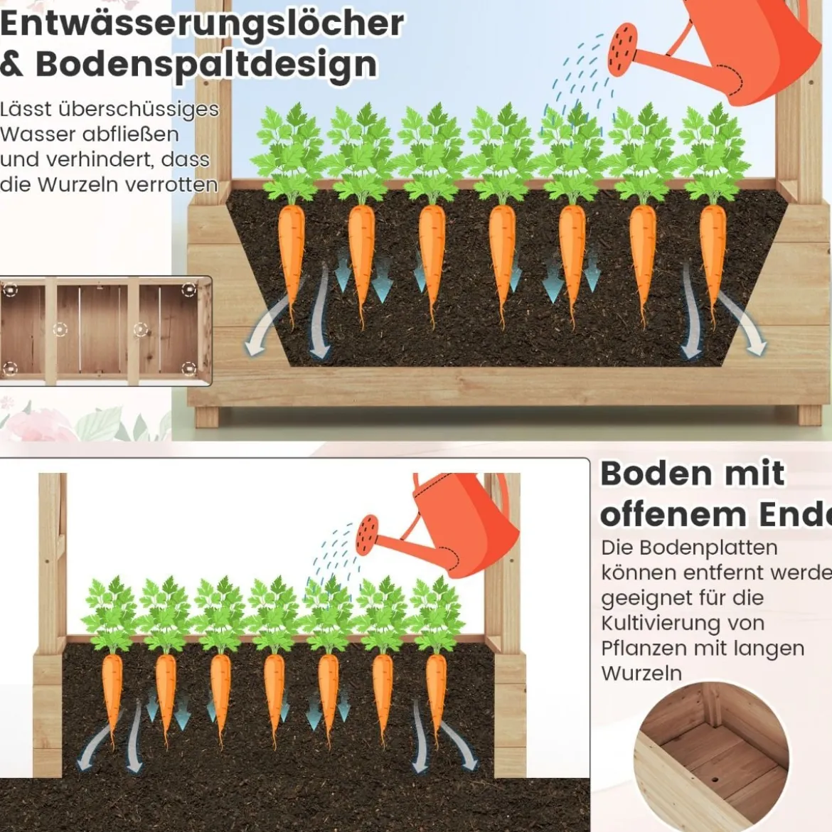 Hochbeet mit Rankgitter & hängendem Dach, Pflanzkasten mit Rankhilfe 110 x 44 x 182 cm