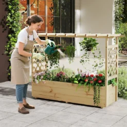 Hochbeet mit Rankgitter & hängendem Dach Pflanzkasten mit Rankhilfe & Abflusslöchern Blumenkasten Natur 150 x 50 x 104 cm