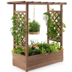Hochbeet mit Rankgitter & Hängendem Dach Pflanzkasten Blumenkasten für Kletterpflanzen